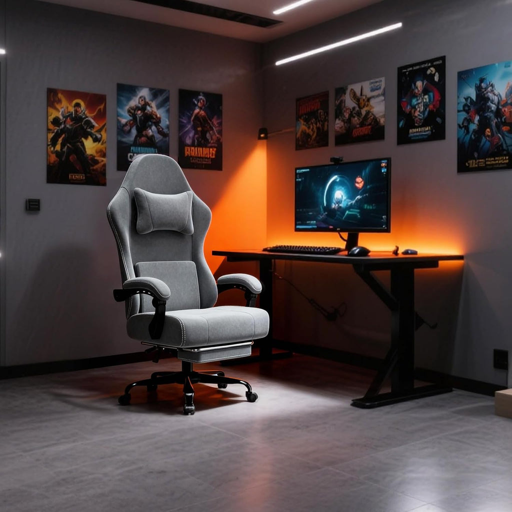 Massage Gaming Chair, Ergonomic Video Game Chair with Lumbar Support and Footrest, Height Adjustable Fabric Computer Chair with Pocket Spring Cushion (Gray)