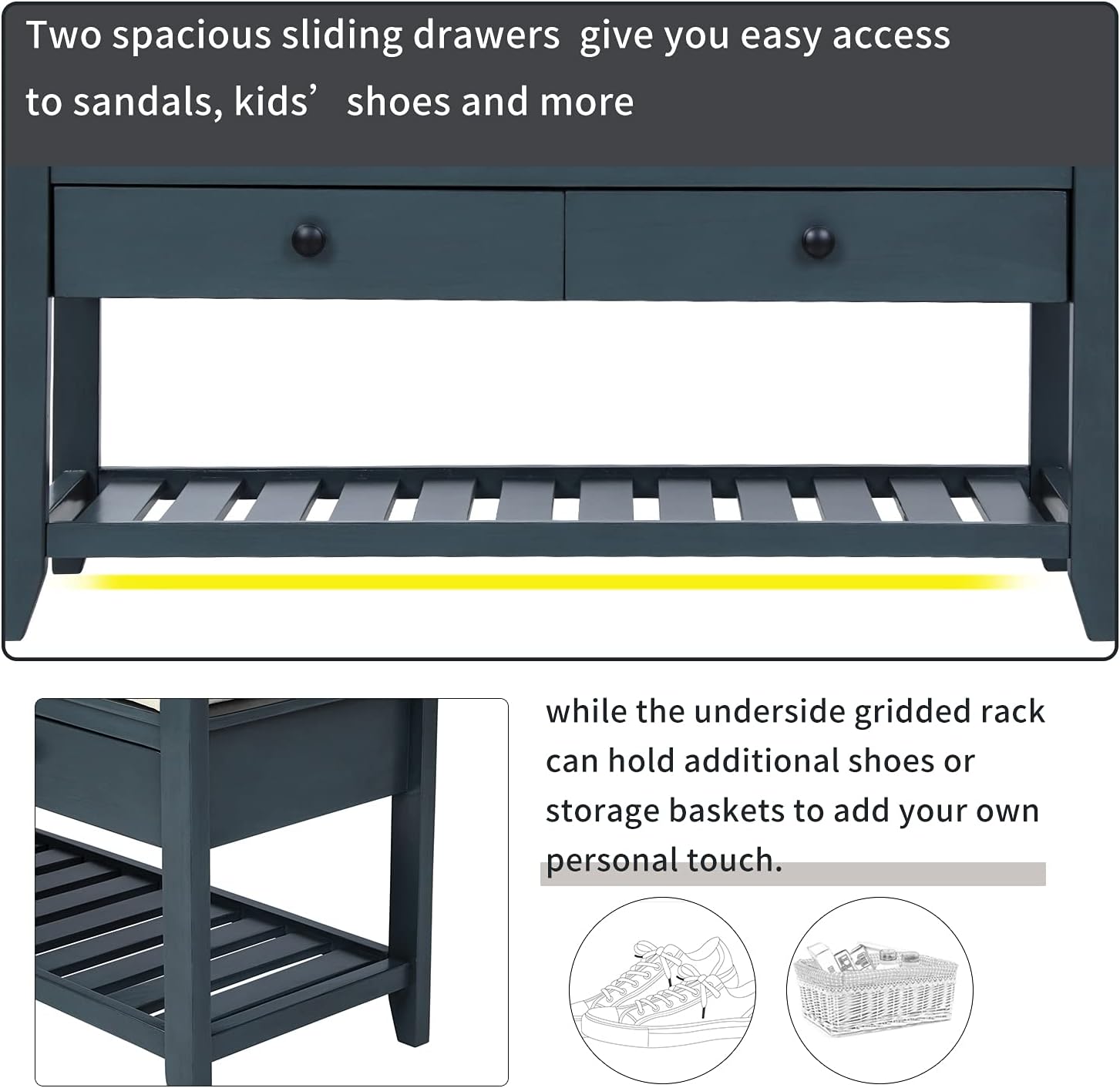 Harper & Bright Designs TREXM Shoe Rack with Cushioned Seat and Drawers, Multipurpose Entryway Storage Bench (Antique Navy)