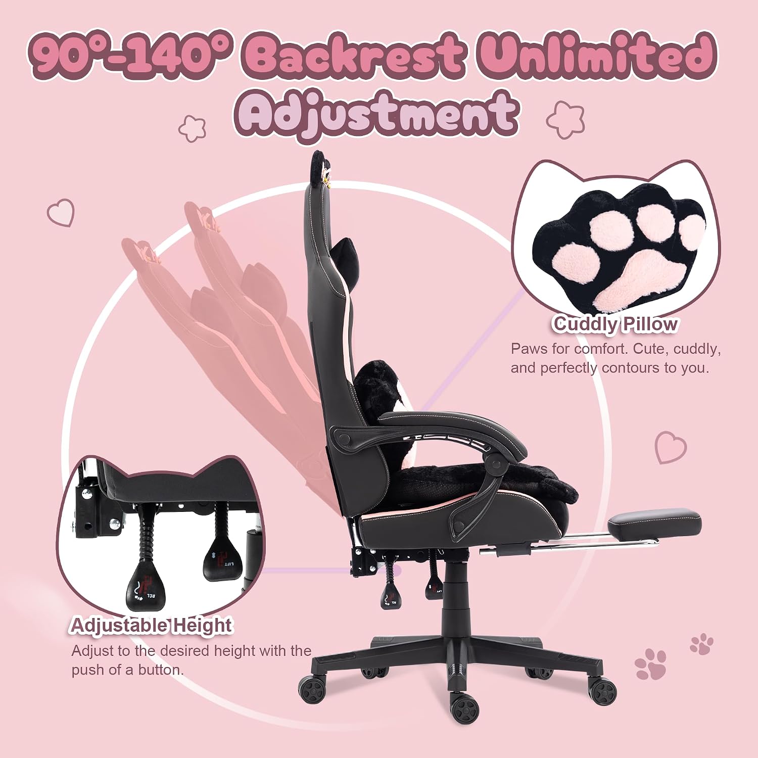 Dowinx Gaming Chair Cute with Cat Ears and Paw Lumbar, Ergonomic Computer Chair for Girl with Footrest and Headrest, Comfortable Reclining Game Chair 292lbs for Adult, Teen, Black