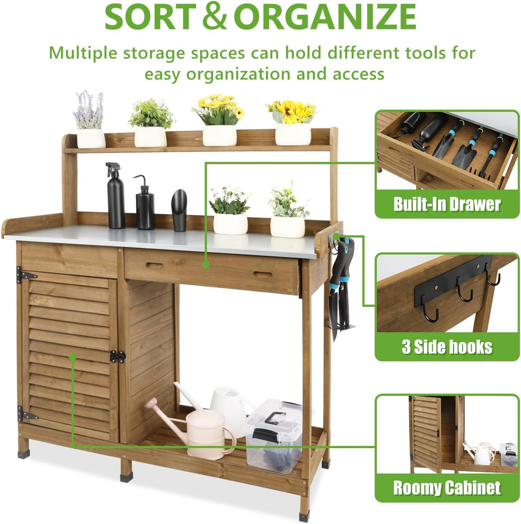 PetsCosset Garden Potting Benche Table Outdoor Wooden Work Station W/Metal Table top,Cabinet,Drawer,Large Bottom Shelf,Open Shelf Natural Wood-Brown-Brown