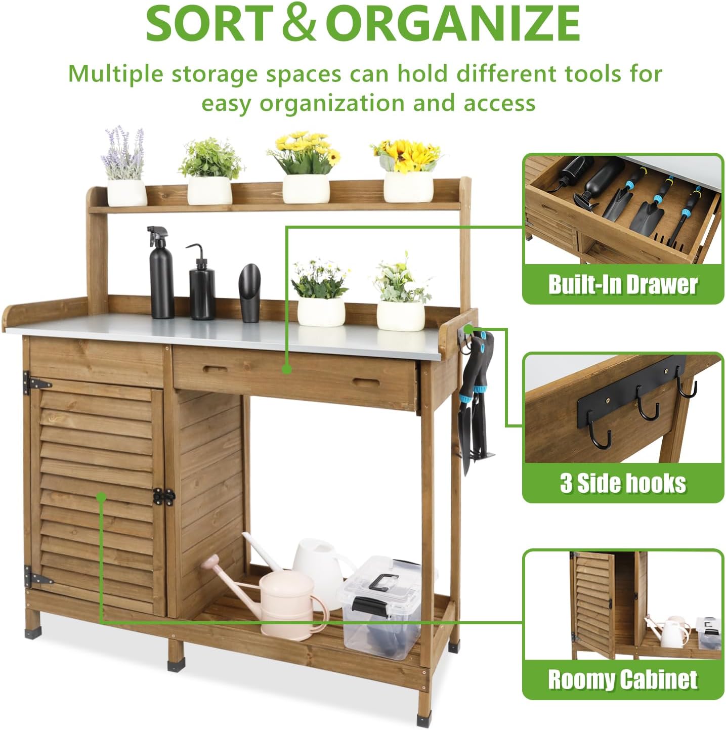 PetsCosset Garden Potting Benche Table Outdoor Wooden Work Station W/Metal Table top,Cabinet,Drawer,Large Bottom Shelf,Open Shelf Natural Wood-Brown-Brown
