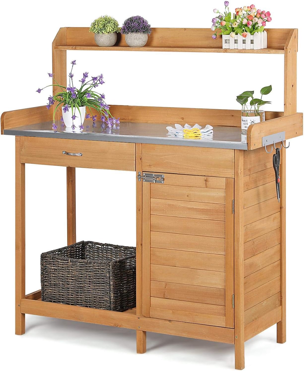 Topeakmart Outdoor Potting Bench Table Work Station Garden Planting with Cabinet & Drawer & Top Shelf & Lower Shelf Natural Wood