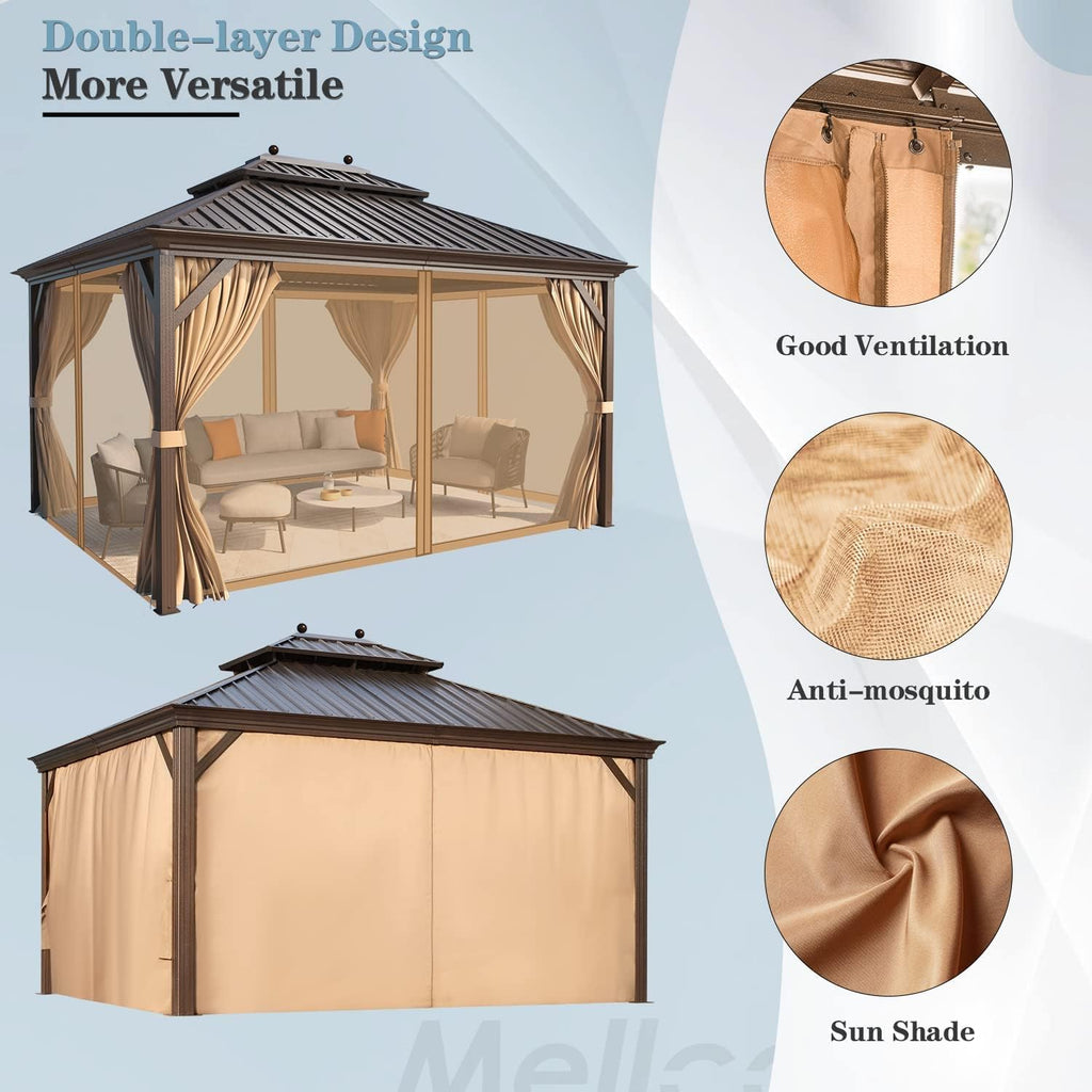 MELLCOM 12' x 14' Hardtop Gazebo, Brown Permanent Pavilion Gazebo with Curtains and Netting, Galvanized Steel Metal Double Roof Aluminum Gazebos with Aluminum Frame for Patio, Lawn & Garden