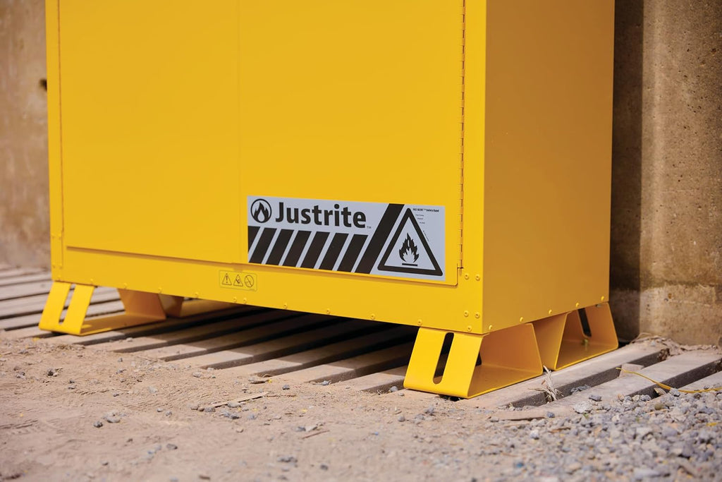Justrite Reinforced Steel Outdoor Flammable Liquid Storage Cabinet, 2 Shelves with 350 lb. Capacity, 2 Self-Close Door Fire Cabinet, 30 Gallon, 44'x 43'x 18', Made in The USA, Yellow, 813020