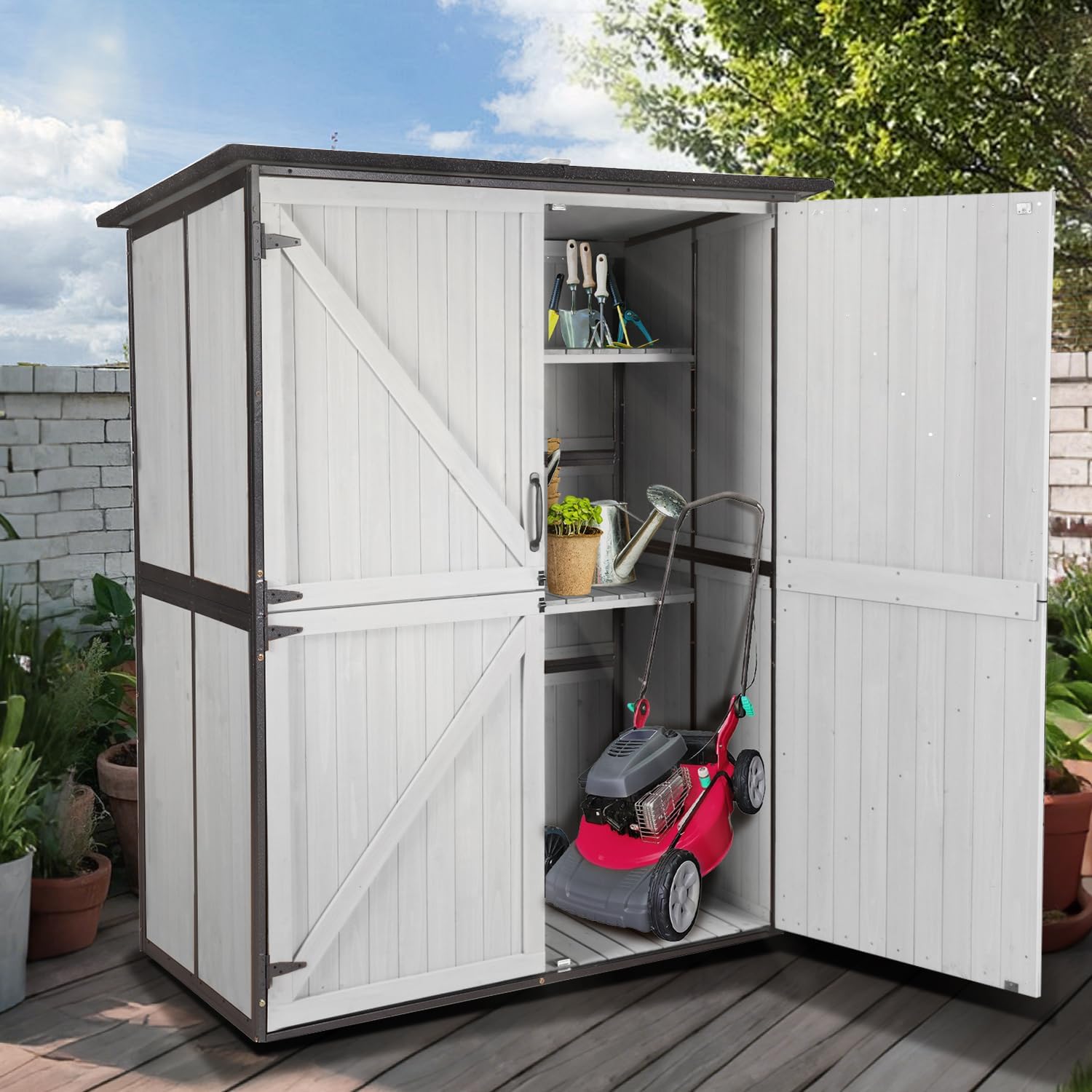 Storage Shed,Outdoor Storage Cabinet with Metal Frame Structure and Adjustable Shelves,Bike Storage Tool Cabinet Box for Backyard Garden Patio Lawn (Off White, 29' D x 55' W x 67' H)