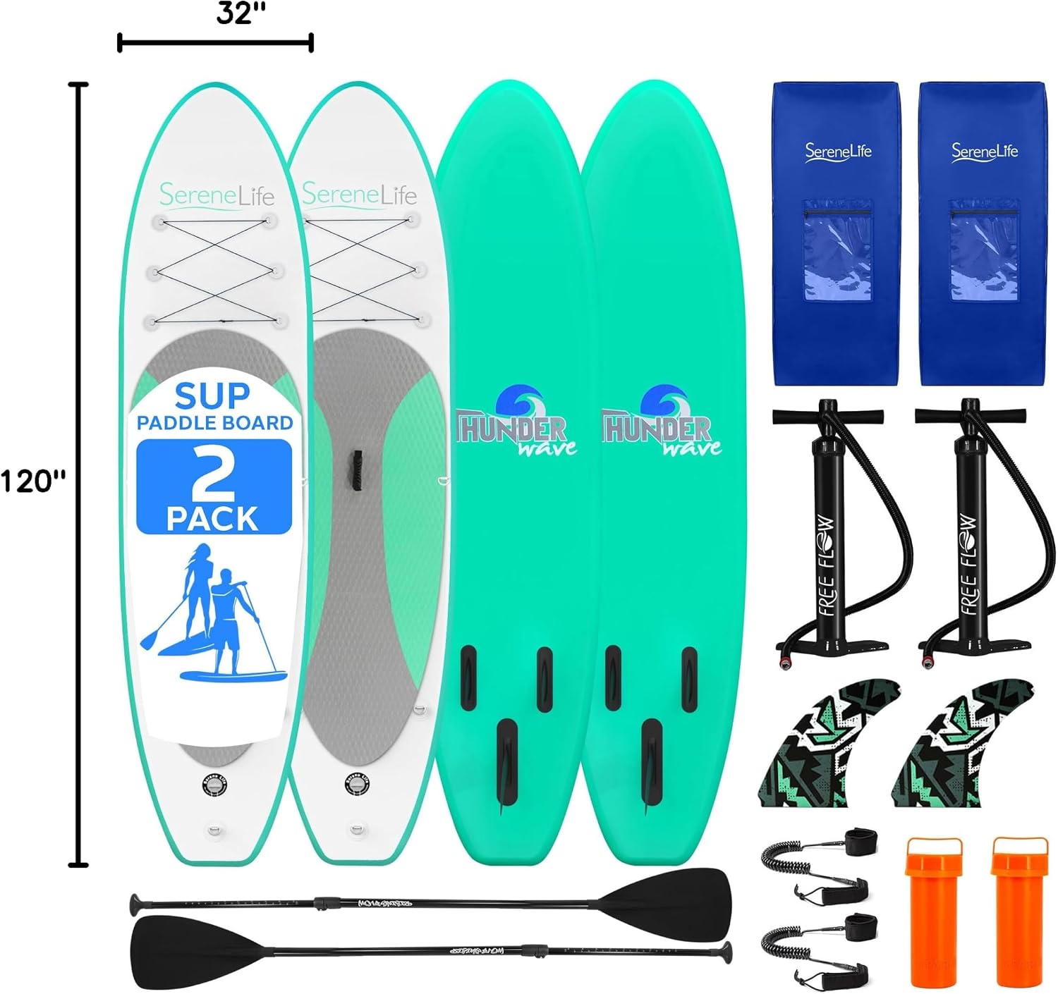 SereneLife 10' Inflatable Stand Up Paddle Board 2-Pack with Premium SUP Accessories – 32' Wide Stable Design with Non-Slip EVA Deck Pad for Youth and Adults, 350 lbs. Capacity Each