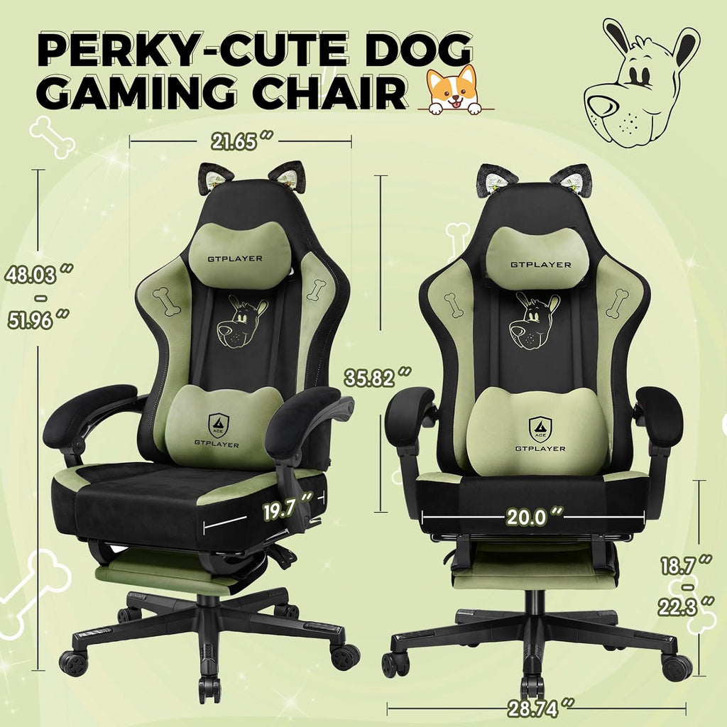 GTPOFFICE Cute Gaming Chair with Cat Ears, Ergonomic Computer Chair with Footrest Cat Paw Lumbar Support Comfortable Reclining Game Chair Desk Chair for Adult Teens, Soft Fabric, Green