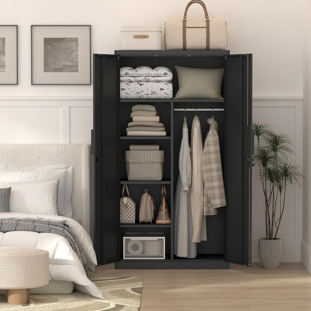 IRONFFICE Metal Storage Cabinet,Steel Armoire Wardrobe Closet with Adjustable Shelves,Hanging Rod,Almirah for Clothes,Locking Wardrobe Cabinet for Bedroom,Home,Black