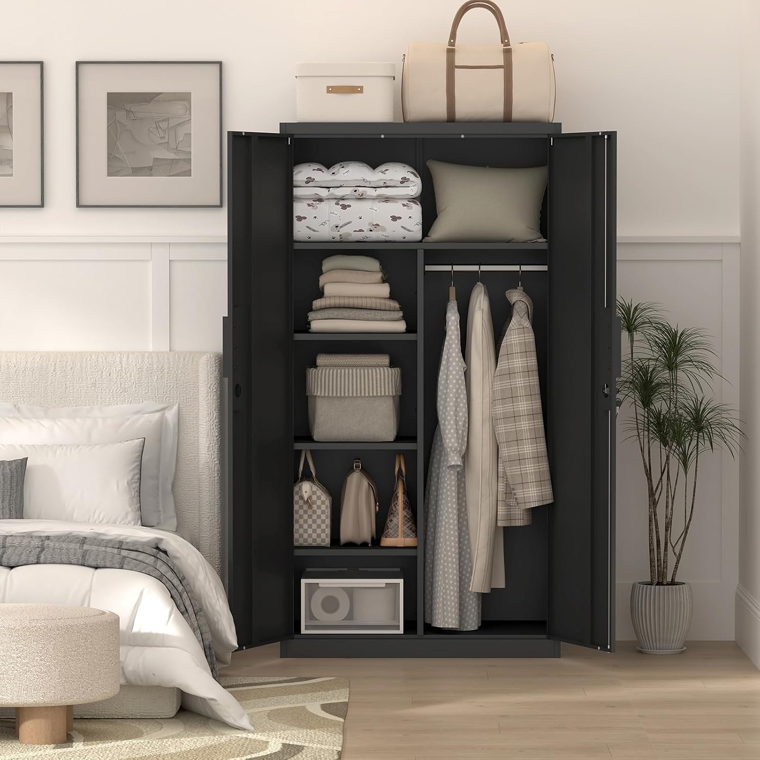 IRONFFICE Metal Storage Cabinet,Steel Armoire Wardrobe Closet with Adjustable Shelves,Hanging Rod,Almirah for Clothes,Locking Wardrobe Cabinet for Bedroom,Home,Black