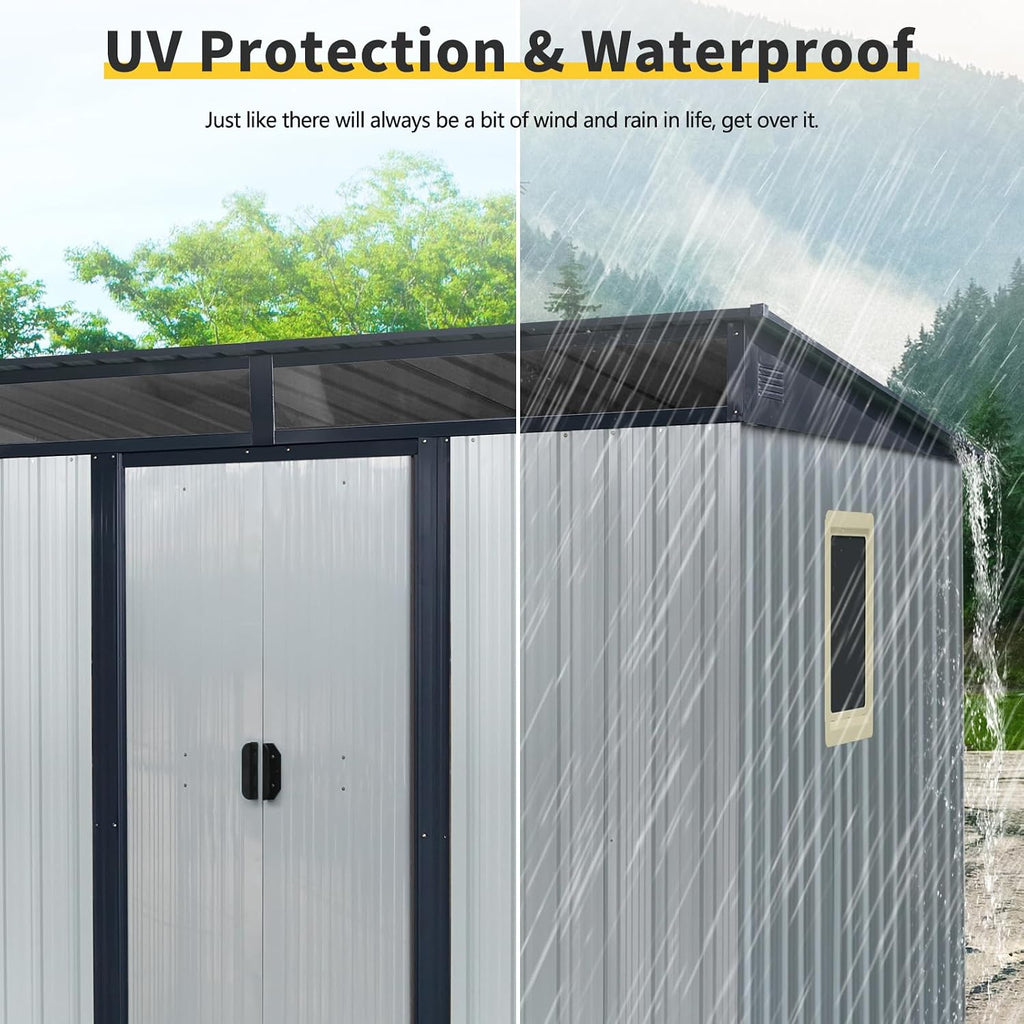 JT 8X6FT Outdoor Storage Shed, Galvanized Metal Garden Shed with Window and Metal Foundation, Tool Storage Shed for Patio Lawn Backyard (White-Black-with The window-8ftx6ft)