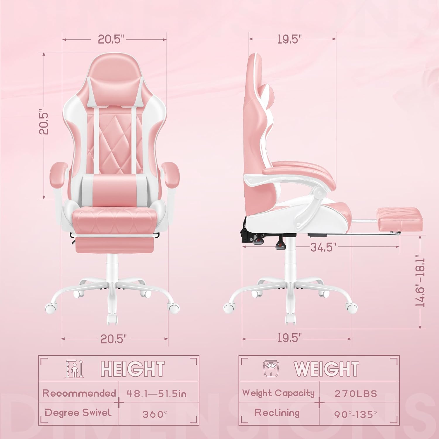 Shahoo Gaming Chair with Footrest and Massage Lumbar Support, Ergonomic Computer Seat Height Adjustable with 360°Swivel and Headrest, Pink1
