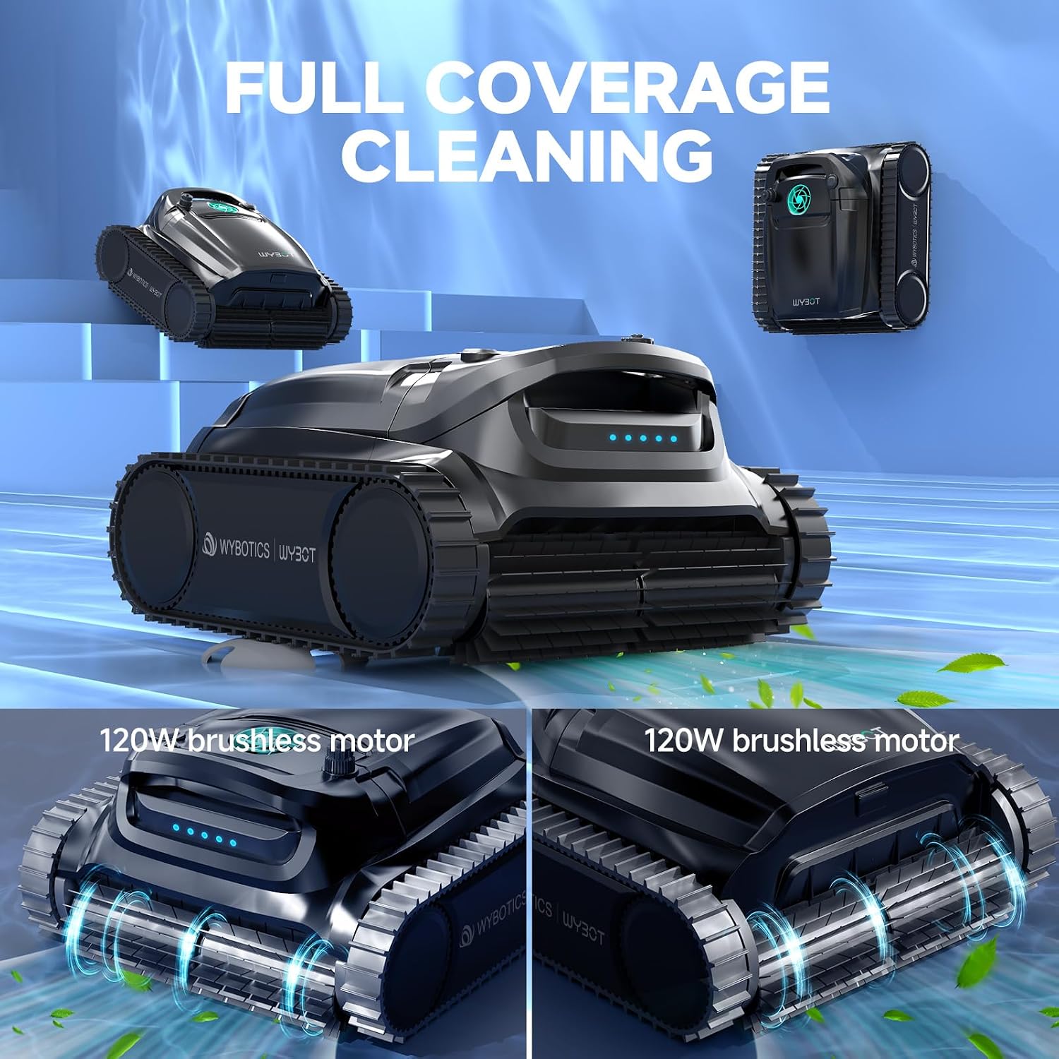 WYBOT M1 Robotic Pool Vacuum Cleaner, 7 Modes & 6 Paths, Dual Filtration, App Control, 120W Brushless Motor, 10,000mAh Battery, 300mins Runtime, Covers 4,305 Sq.Ft, Black&Green