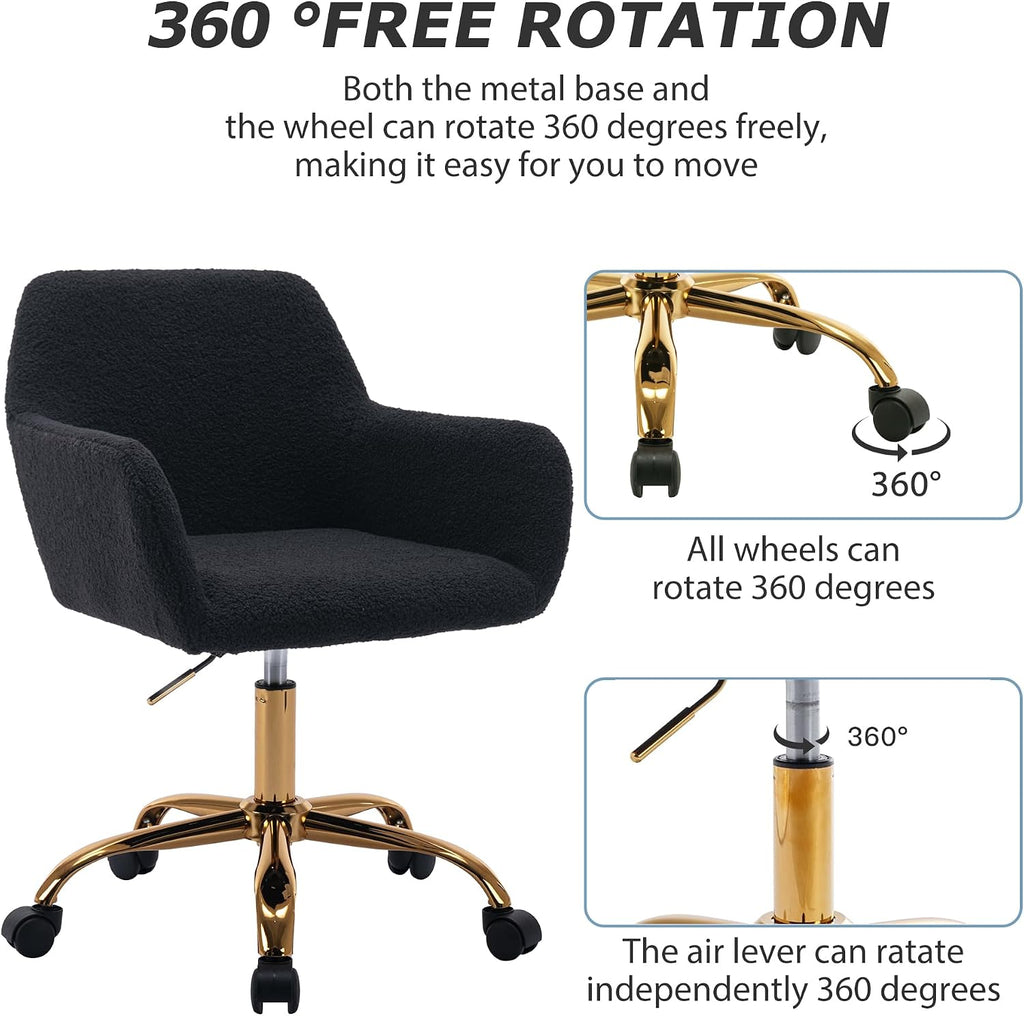 KCC Faux Fur Office Desk Chair, Comfy Swivel Armchair with Wheels, Upholstered Fuzzy Vanity Chair, Adjustable Seat Height, Black