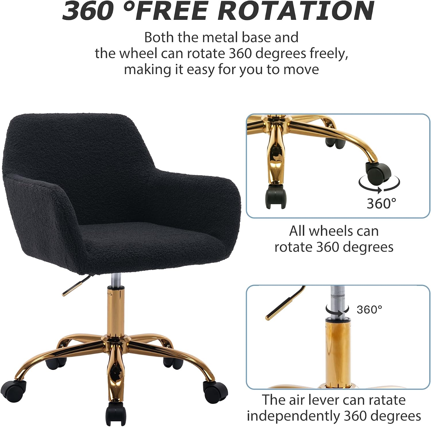 KCC Faux Fur Office Desk Chair, Comfy Swivel Armchair with Wheels, Upholstered Fuzzy Vanity Chair, Adjustable Seat Height, Black