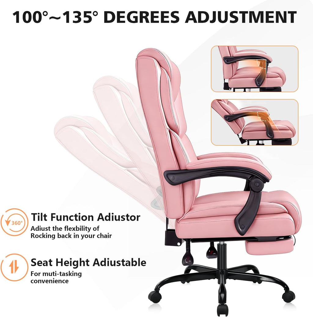 WAILOR 400lbs Office Chair with Foot Rest, Reclining Big and Tall Office Chair with Lumbar Support, High Back PU Leather Computer Chair,Comfy Desk Chair for Home Office (Pink)