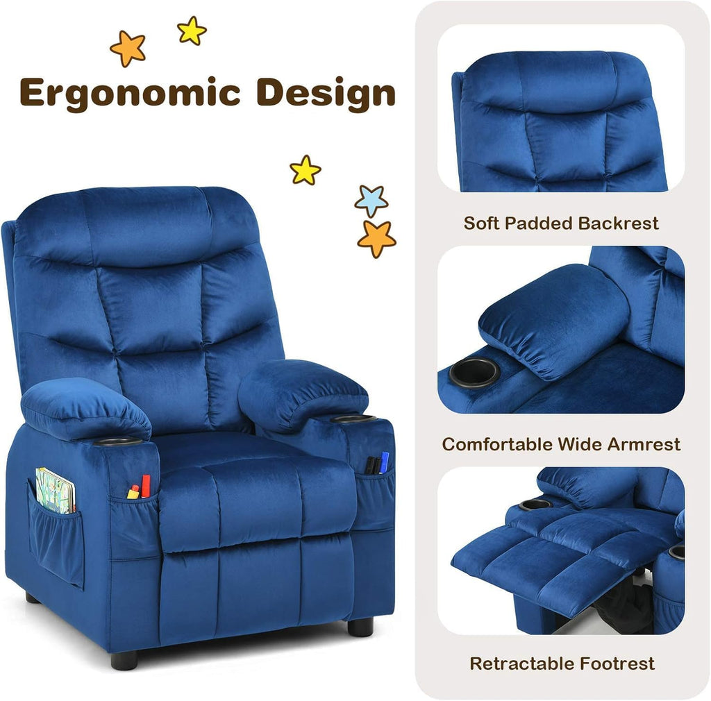 HOMGX Children's Recliner Chair, Velvet Material, Leisure Lounge Chair w/Side Pockets and Footrests, Ergonomically Adjustable Sofa Furniture, Suitable for Living Room (Blue)