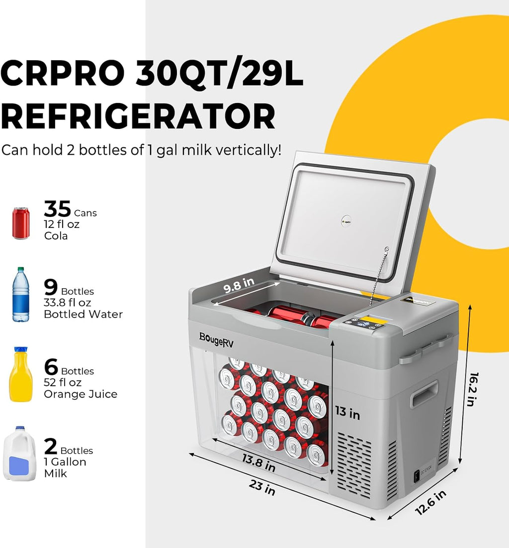 BougeRV 12 Volt Refrigerator, CRPRO 30 Quart 12V Car Fridge, Portable Freezer (-8℉~50℉), Compressor Cooler with 12V/24 DC, 110-240 AC for Outdoor Camping Overlanding Truck RV SUV Van (White)