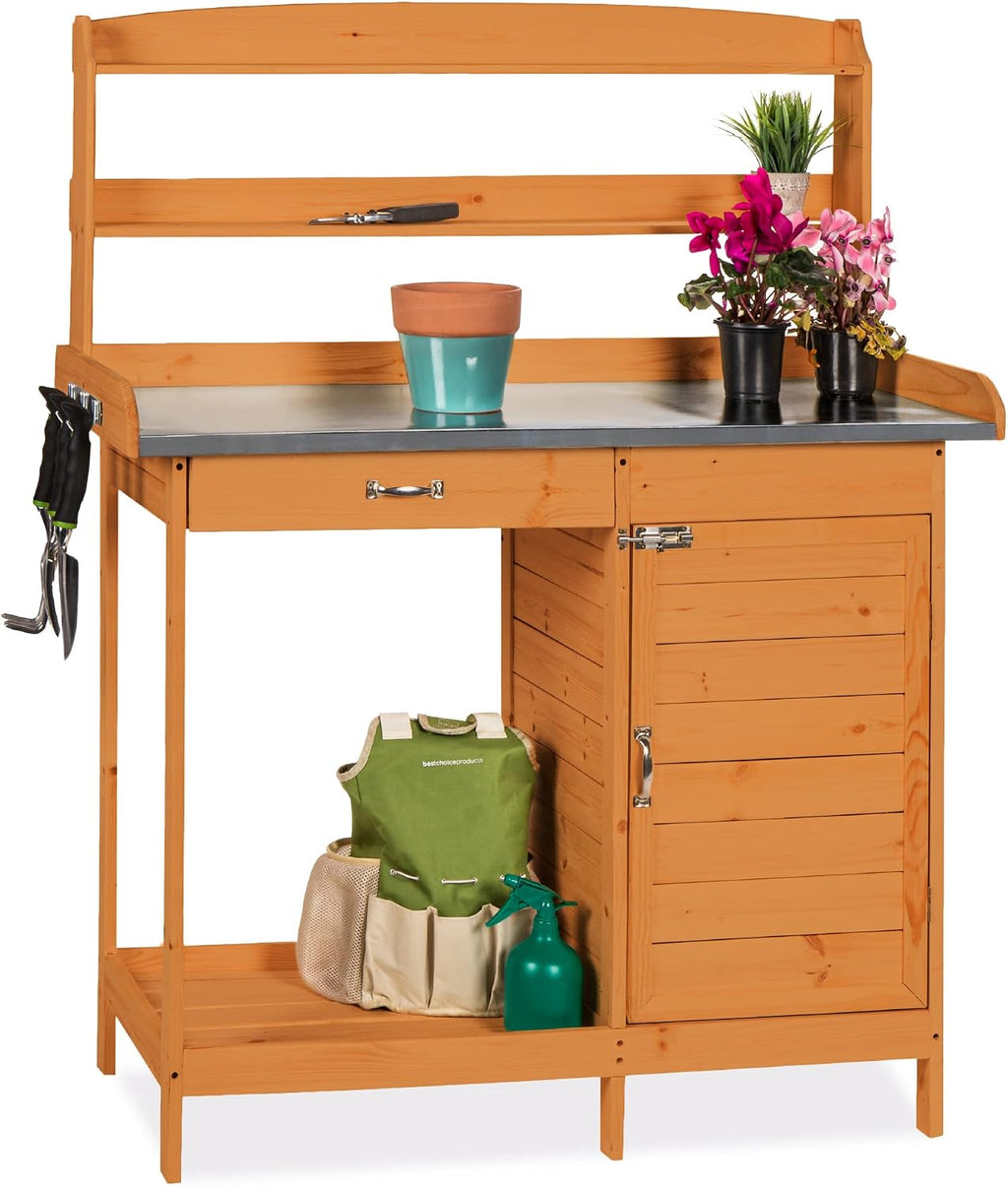 Best Choice Products Outdoor Garden Wooden Potting Bench Work Station w/Metal Table Top, Pre-Stained Finish, Cabinet, Sliding Drawer, Large Bottom Shelf - Brown