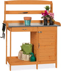 Best Choice Products Outdoor Garden Wooden Potting Bench Work Station w/Metal Table Top, Pre-Stained Finish, Cabinet, Sliding Drawer, Large Bottom Shelf - Brown