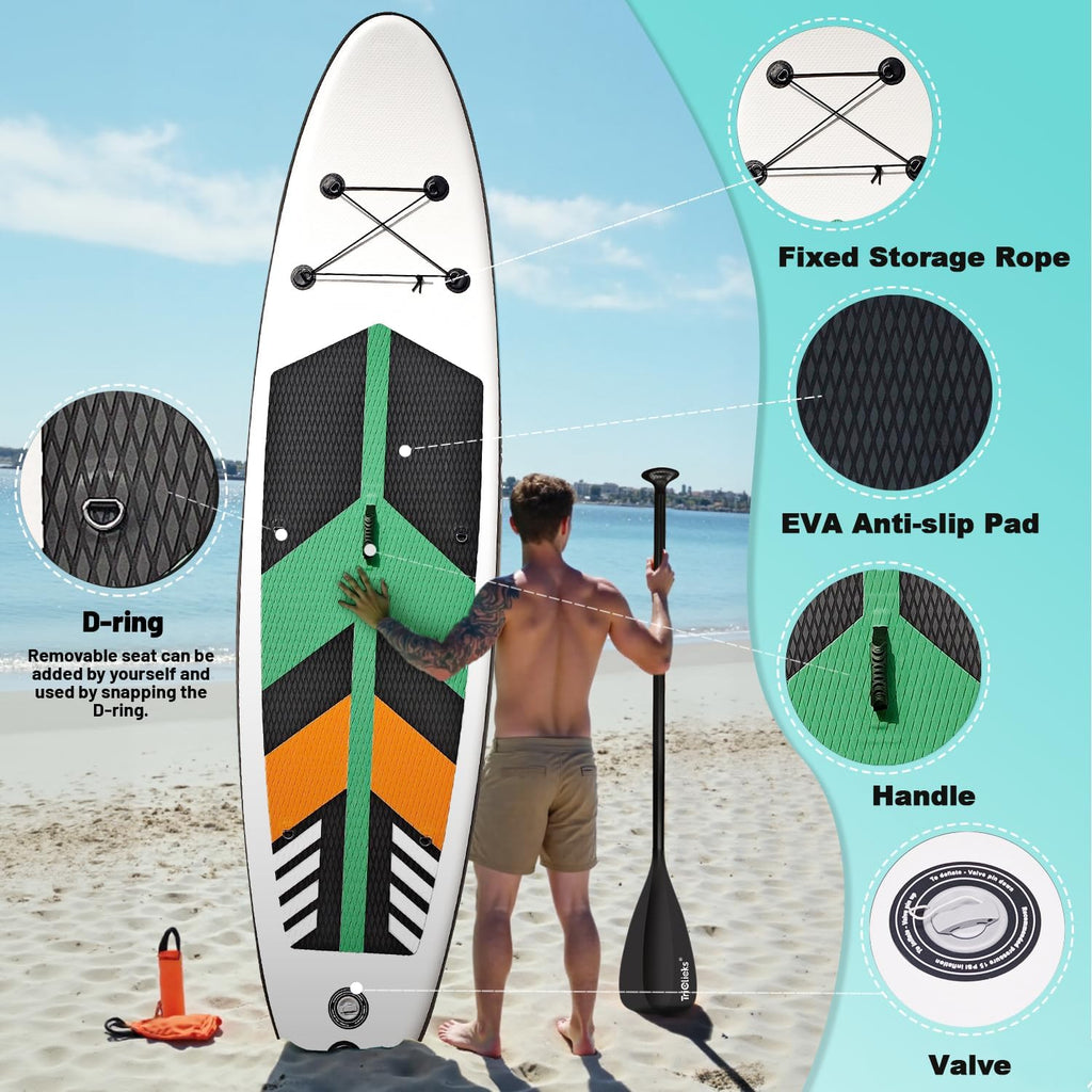 Triclicks Inflatable Stand Up Paddle Board 10ft Surfing Board Kit for Adults, Premium SUP Complete Kit with Adjustable Paddle Hand Pump Fin Leash Backpack