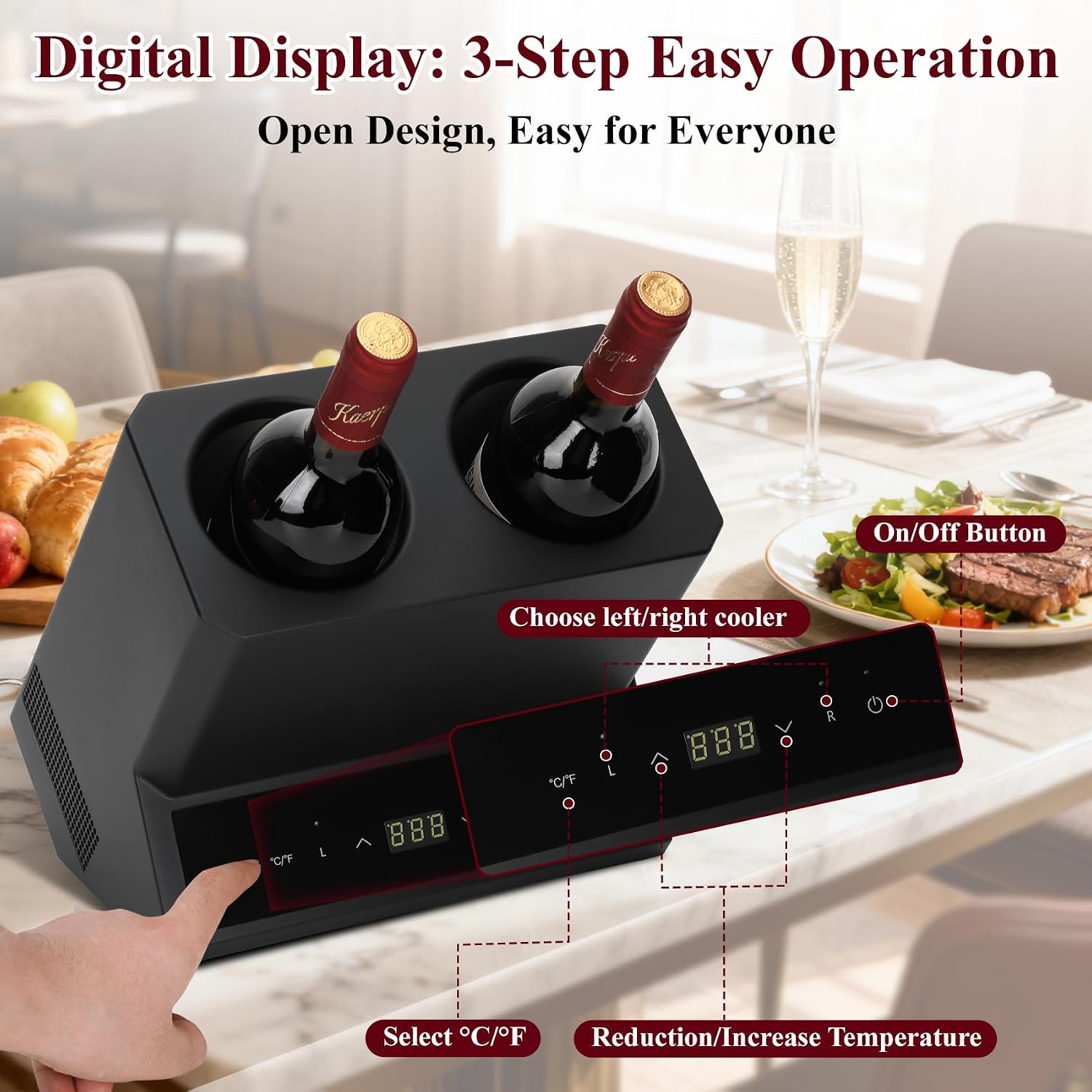 Electric Wine Chiller Double Bottle - Premium 24H Iceless Portable Cooler,Wine Chiller for 750ml Wine/Champagne,Multi-Scene Vino Accessory for Kitchen/Bar/RV - Perfect Gift for Wine Lovers