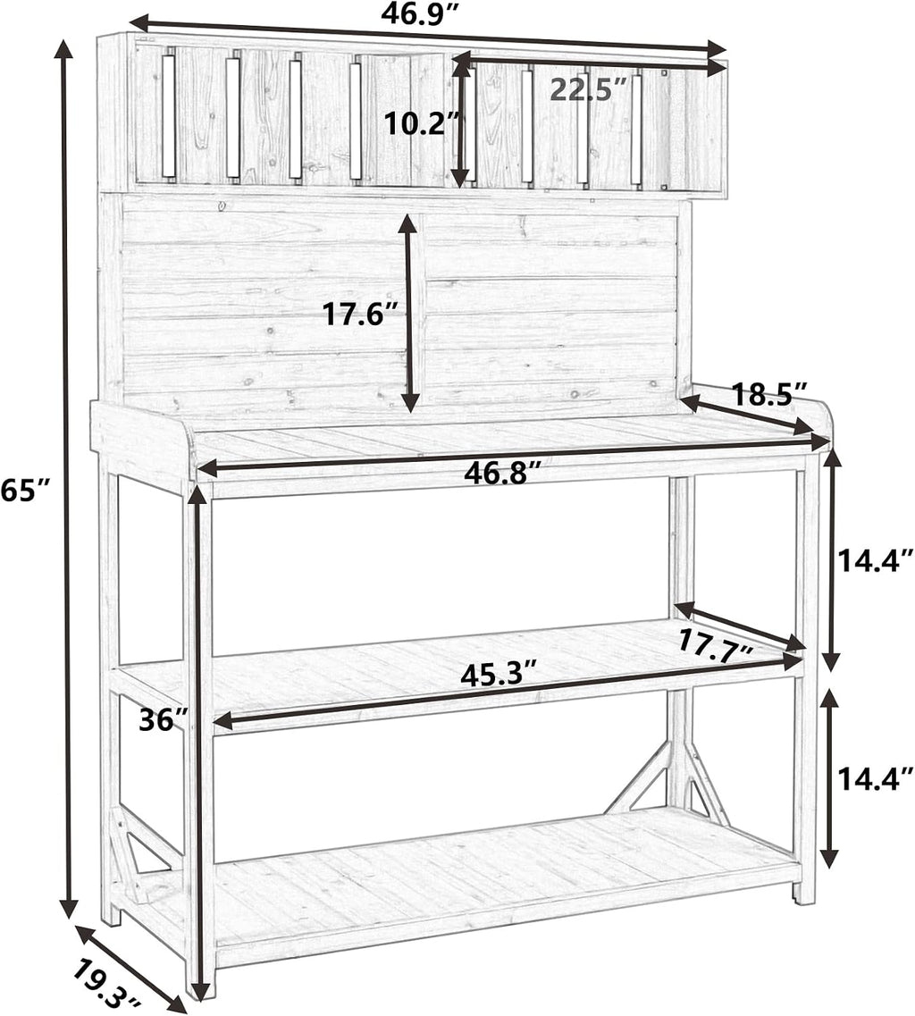 Harper & Bright Designs 65' Large Wooden Farmhouse Rustic Outdoor Potting Bench Table with 4 Storage Shelves and Side Hook, Patio Workstation, for Garden, Backyard, Green