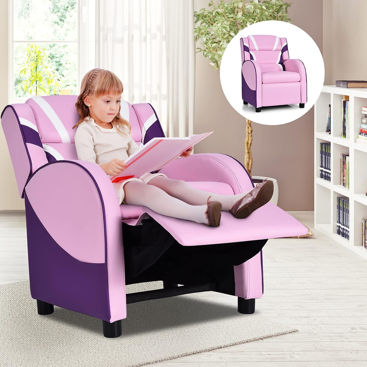 HONEY JOY Kids Recliner, Youth Gaming Reclining Chair w/Side Pocket, Ergonomic Headrest & Footrest, Upholstered Leather Lounge Chair for Boys Girls, Manual Adjustable Single Sofa Chair for Living Room