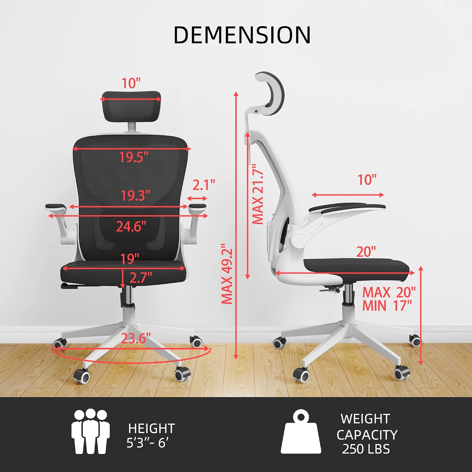Monhey Ergonomic Office Chair, 90°-125° Tilt Back Home Desk Chair with 360° Swivel & Mute Wheels, High Back Mesh Computer Chair for Adults with Lumbar Support, 330 LBS Capacity (03White+Black)