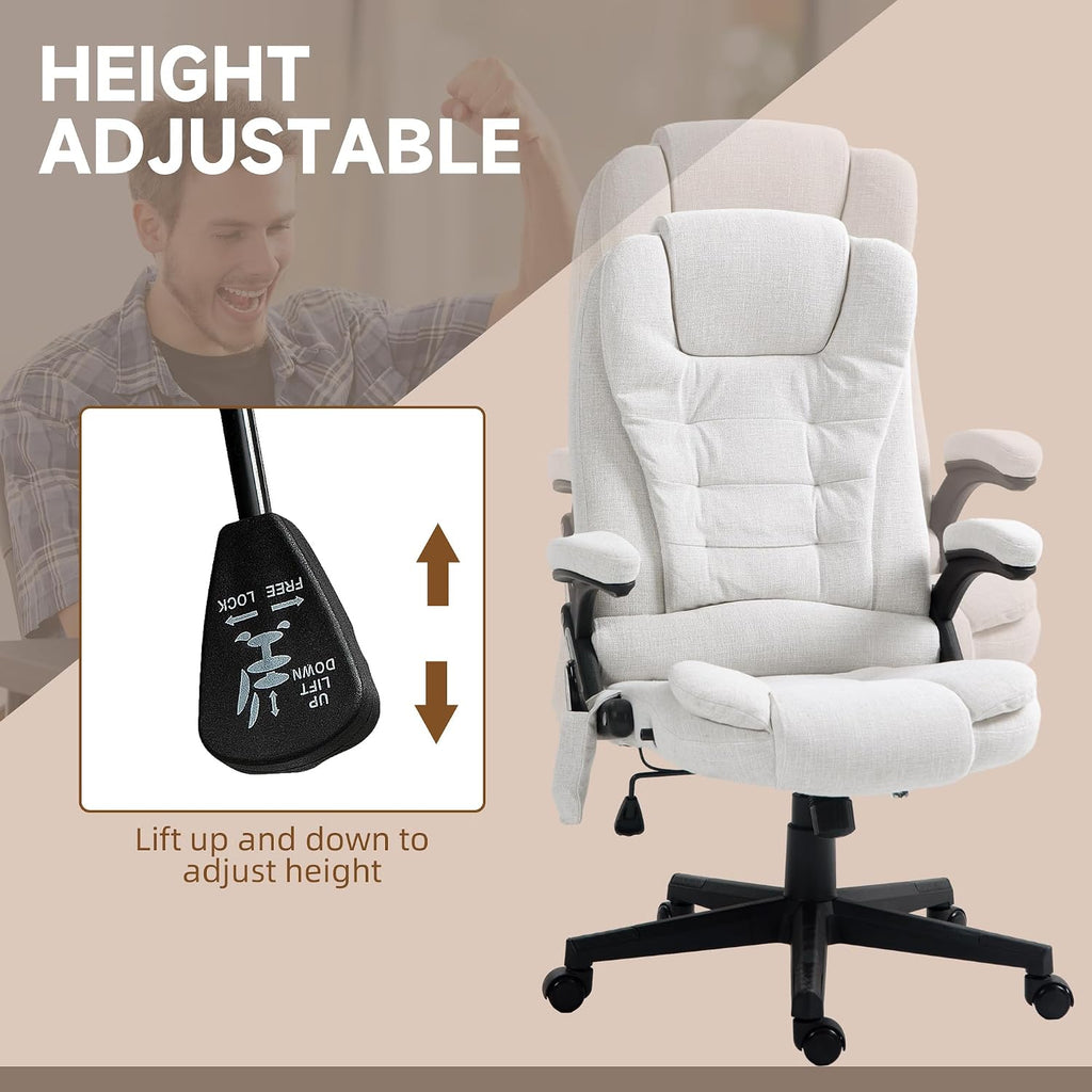 Vinsetto 6 Point Vibrating Massage Office Chair with Heat, Linen High Back Executive Office Chair with Reclining Backrest, Padded Armrests and Remote, Cream White