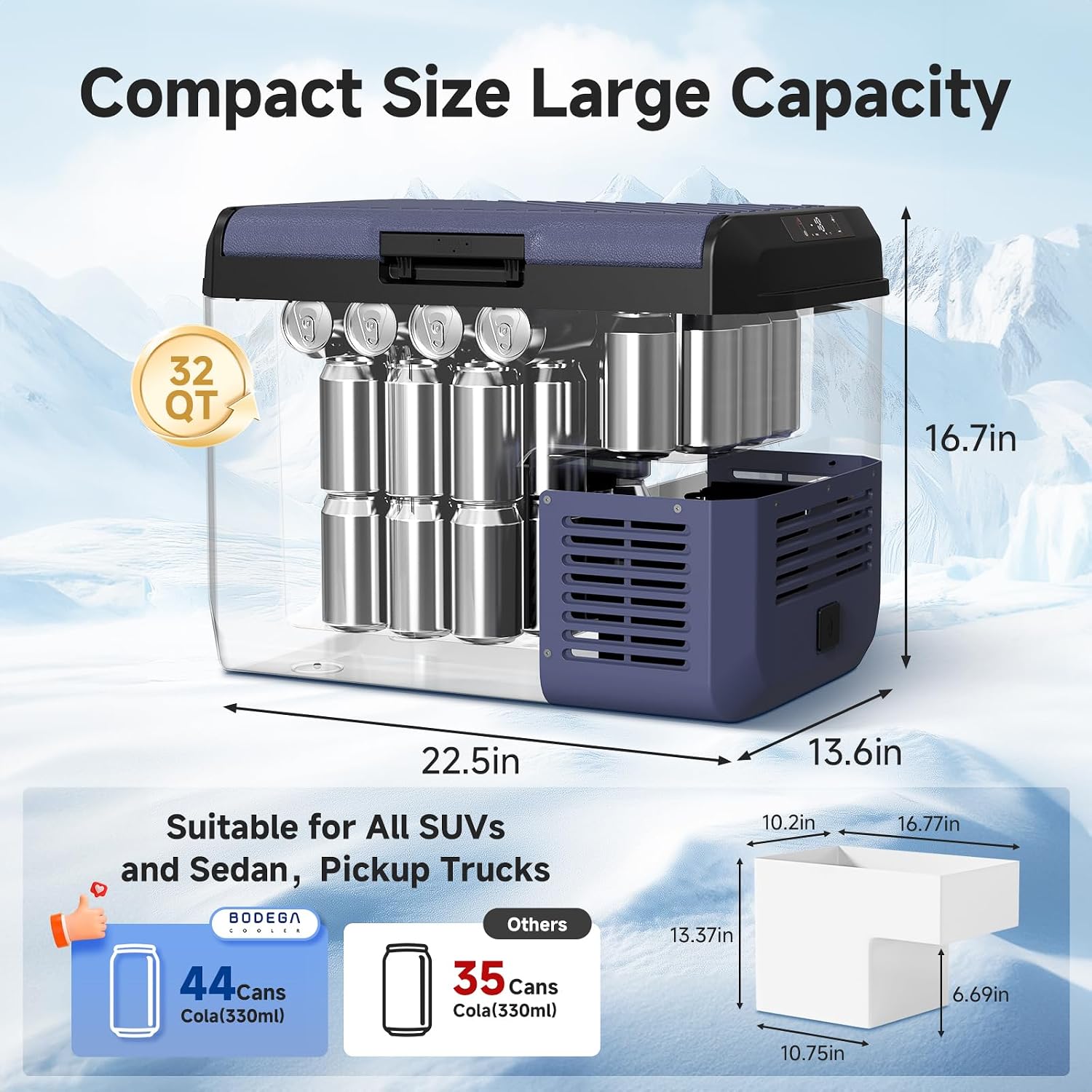 BODEGA12 volt Car Refrigerator -32 QT Portable Freezer IPX4 Waterproof Car Fridge Electric Cooler Ultra-Quiet for Truck Van Camping Travel 12/24V DC 110~240 Volt AC,-4℉~68℉