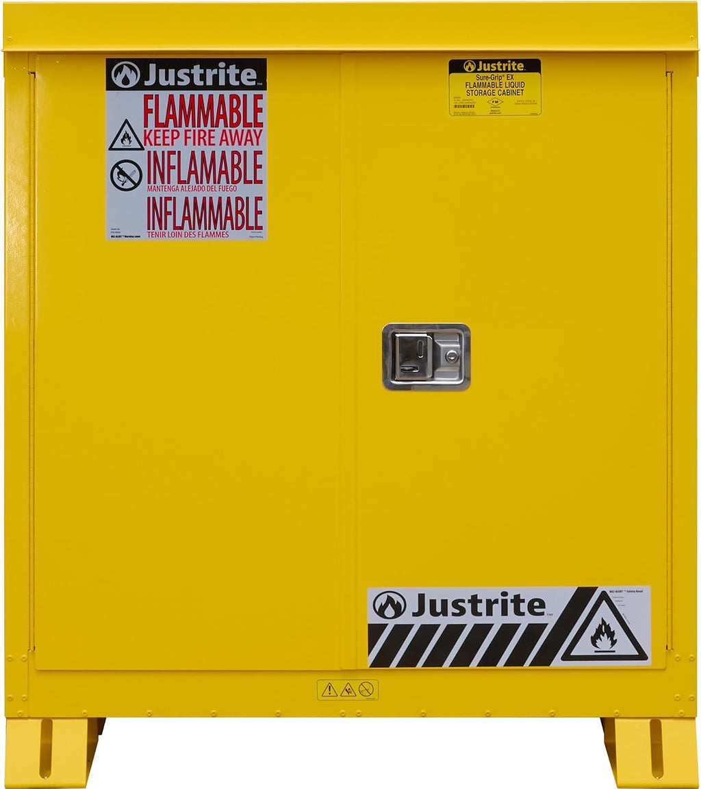 Justrite Reinforced Steel Outdoor Flammable Liquid Storage Cabinet, 2 Shelves with 350 lb. Capacity, 2 Self-Close Door Fire Cabinet, 30 Gallon, 44'x 43'x 18', Made in The USA, Yellow, 813020