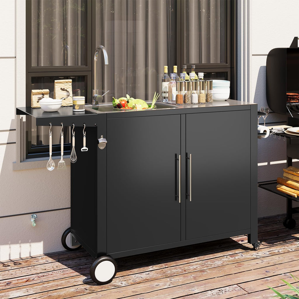 Grill Table with Sink, Outdoor Stainless Steel Kitchen Island Cabinets Sink Station with Hose Hook up & Lockable Casters, Rolling BBQ Table for Backyard