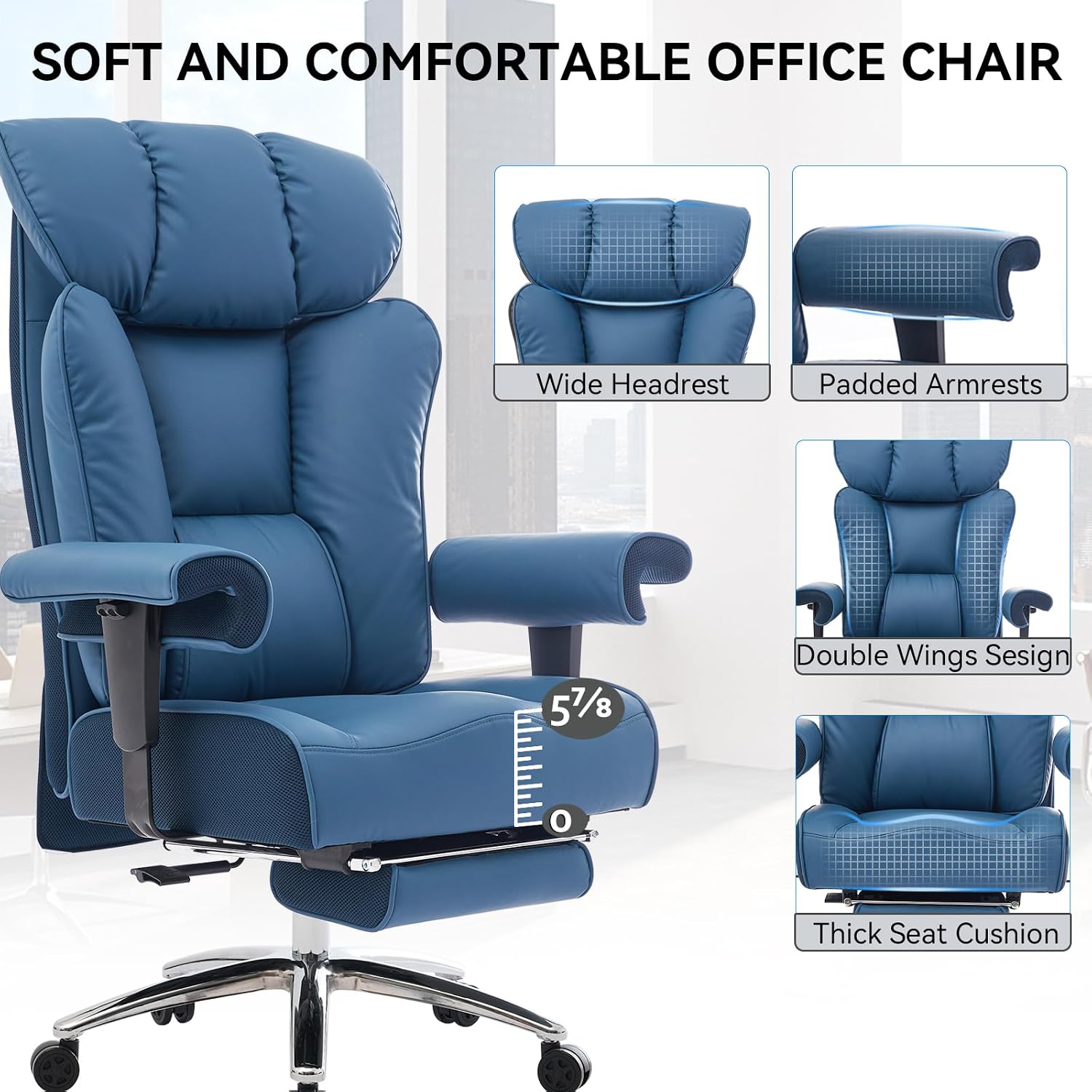 Efomao Big and Tall Office Chair 400lbs - Heavy Duty Executive Desk Chair with Foot Rest & 23' Wide Seat - High Back Ergonomic Leather Computer Chair for Heavy People, Home Office, Blue