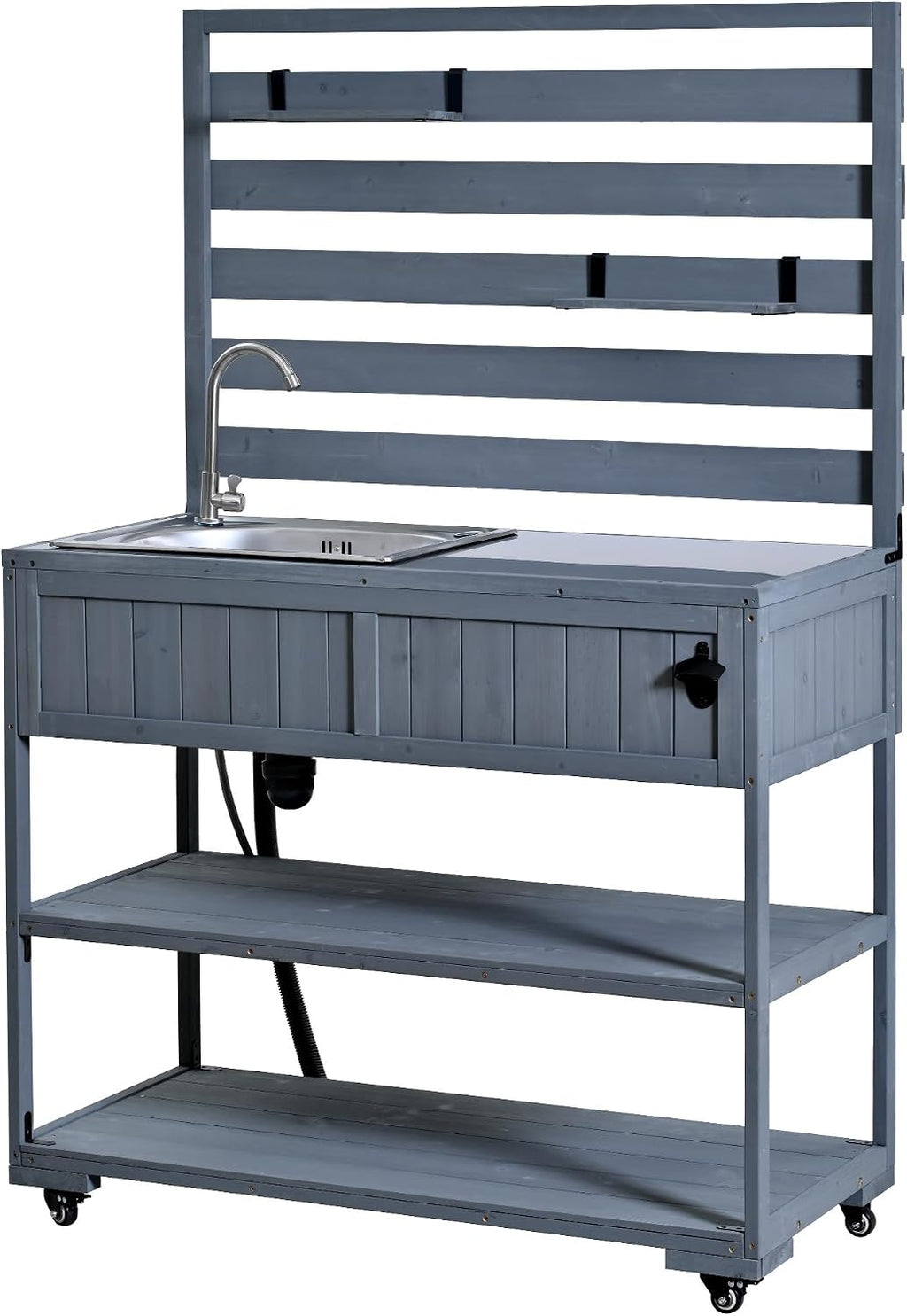LUMISOL Garden Potting Bench Table with Stainless Table Top, Outdoor Rolling Kitchen Cart with Sink and 2 Movable Shelves, 41.7'' Large Solid Wood Garden Workstation with 1 Bottle Opener, Gray