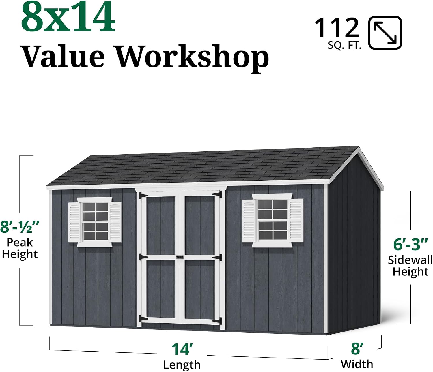 Little Cottage Co. 8x14 Value Workshop Shed with Operable Windows and Floor, Outdoor Wood Storage Do-It-Yourself Precut Kit