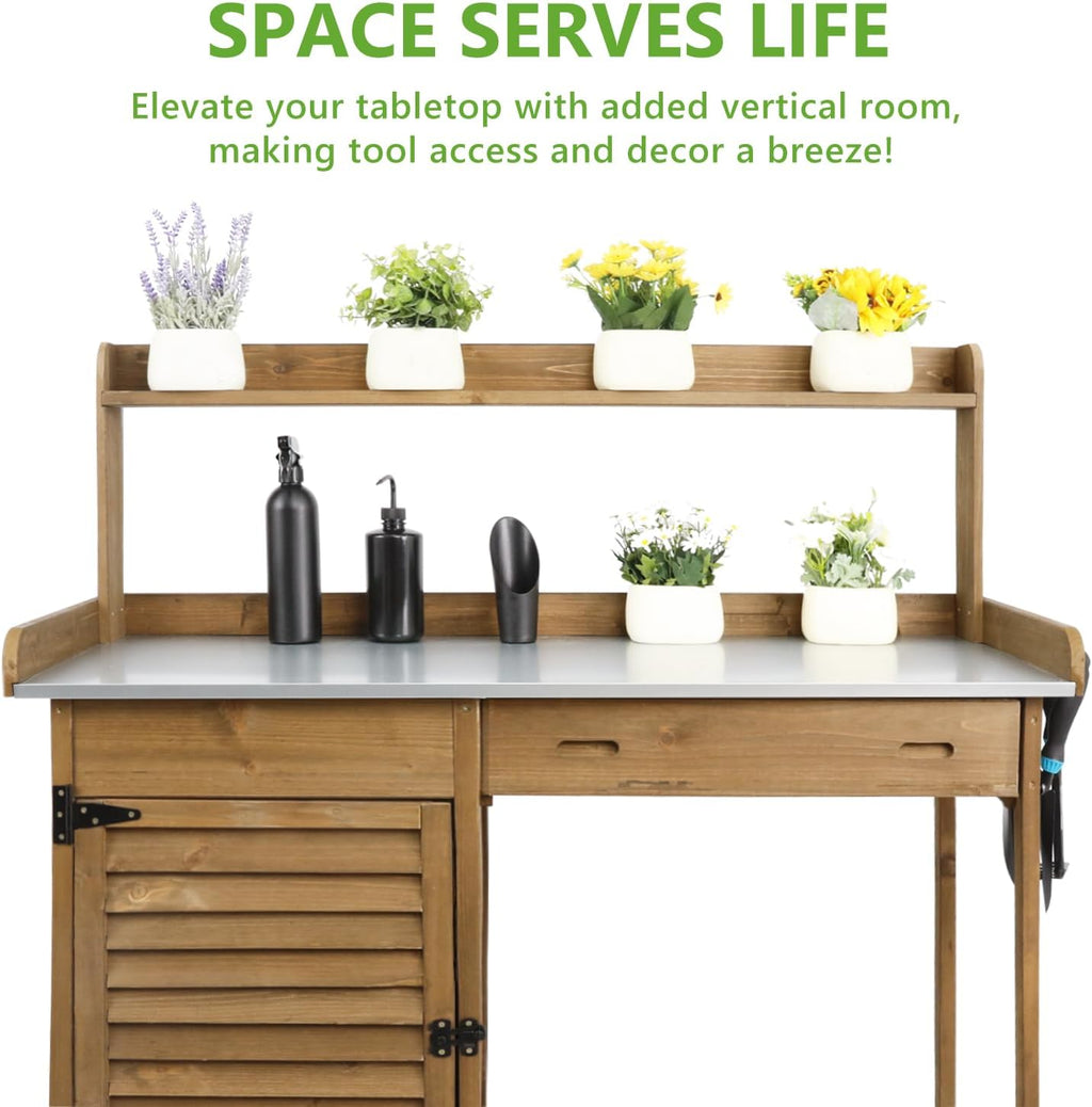 PetsCosset Garden Potting Benche Table Outdoor Wooden Work Station W/Metal Table top,Cabinet,Drawer,Large Bottom Shelf,Open Shelf Natural Wood-Brown-Brown