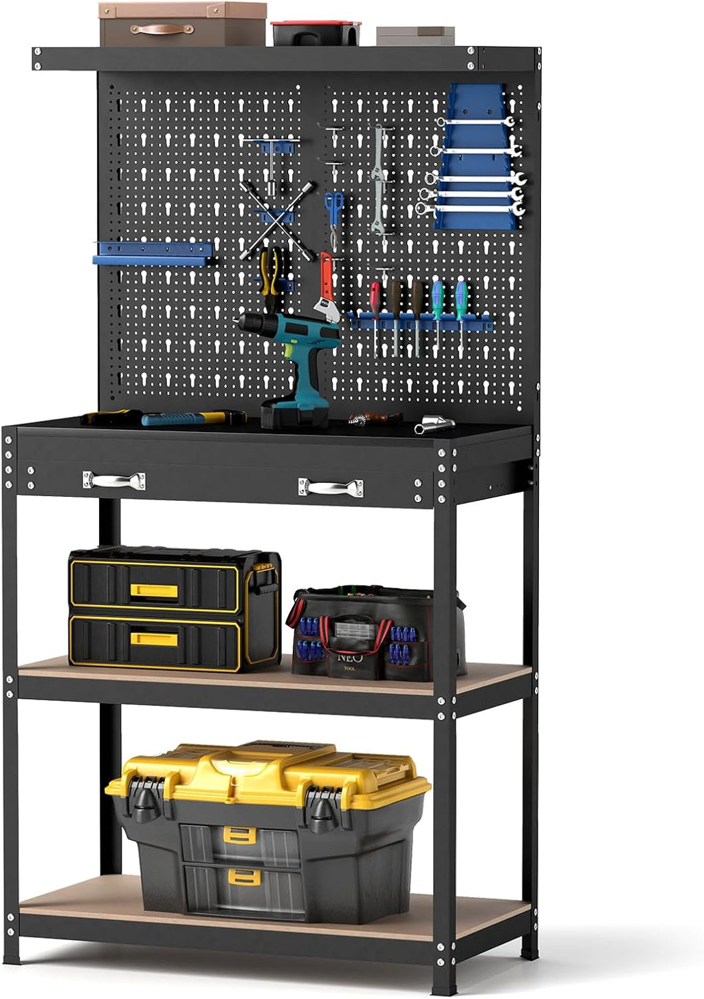 Goplus Workbench, Work Table with Drawer, Pegboard, Hanging Accessories, Topping Space, 4-Tier Heavy Duty Metal Tool Storage Bench, Work Benches for Garage, Workshop (Blue, 32' x 16' with Drawer)