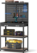 Goplus Workbench, Work Table with Drawer, Pegboard, Hanging Accessories, Topping Space, 4-Tier Heavy Duty Metal Tool Storage Bench, Work Benches for Garage, Workshop (Blue, 32' x 16' with Drawer)