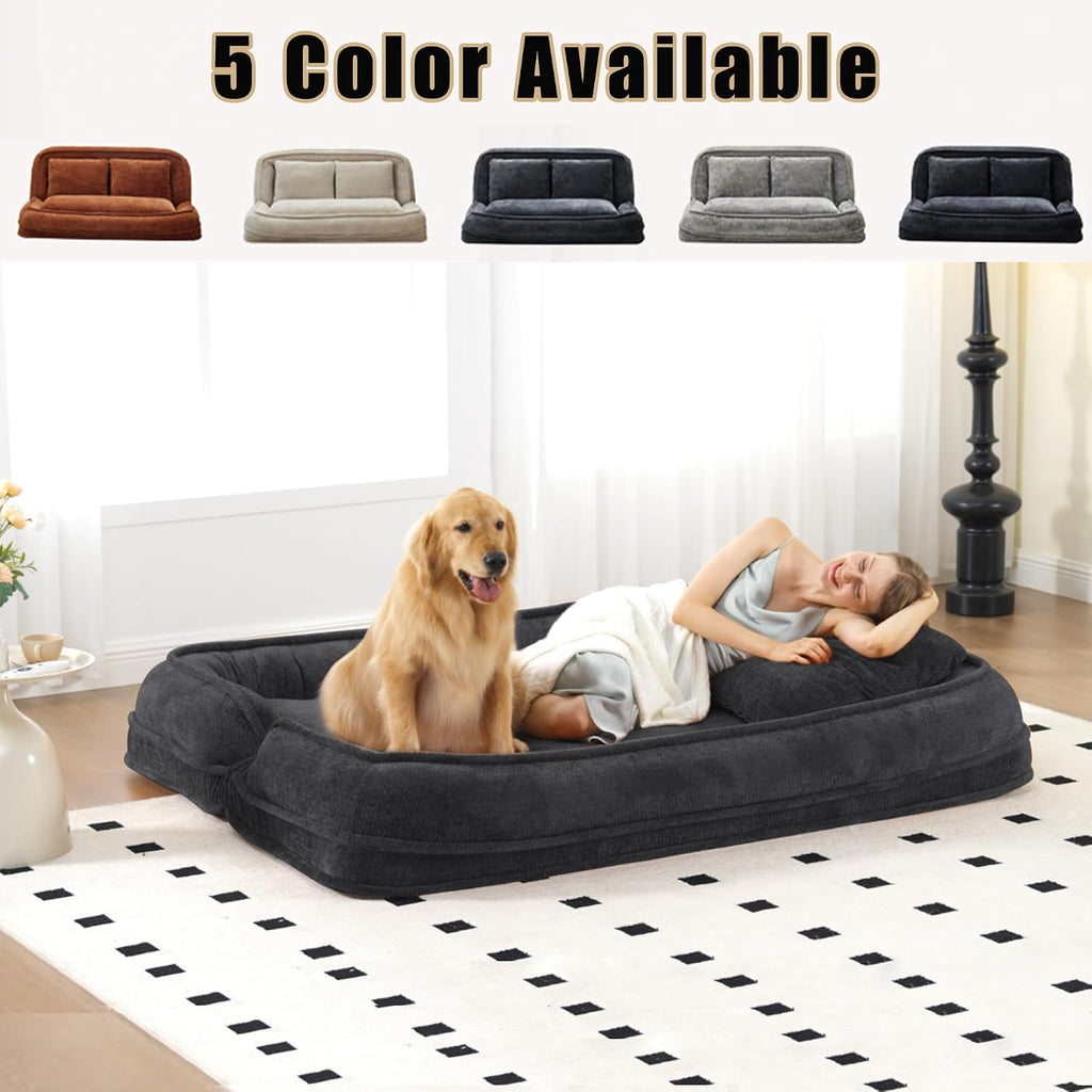 Floor Chair with Back Support, Human Dog Bed, Folding Loveseat with 5 Adjustable Position, 2 Back Cushions, Chenille Meditation Gaming Chair for Lazy Boys, Living Room, Lounge, Bedroom, Black