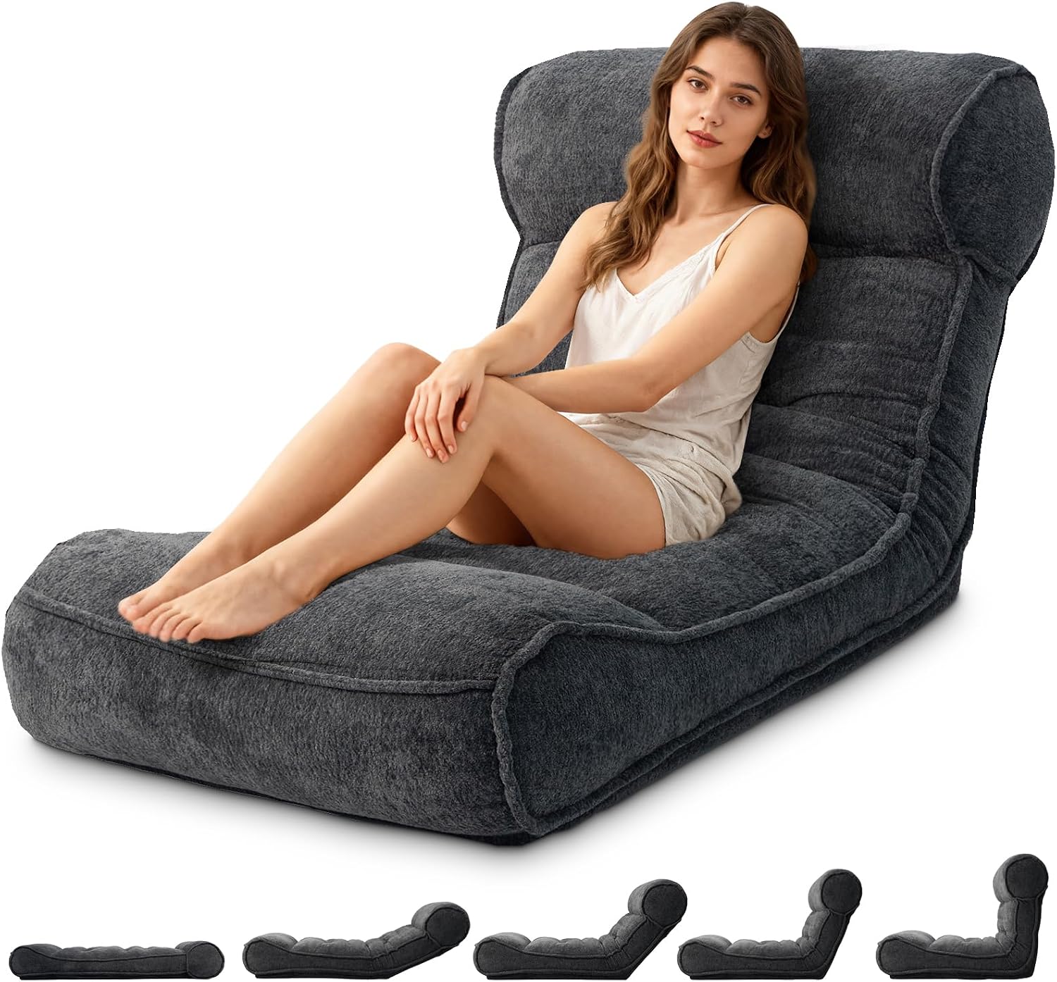 Dineli 83'' Floor Chair with Back Support Meditation Chair Couch Recliner w Adjustable Backrest Lazy Floor Lounger Gaming Chair for Adults Sofa Bed Sleeper Chair Chaise Lounge Chair Indoor, Black