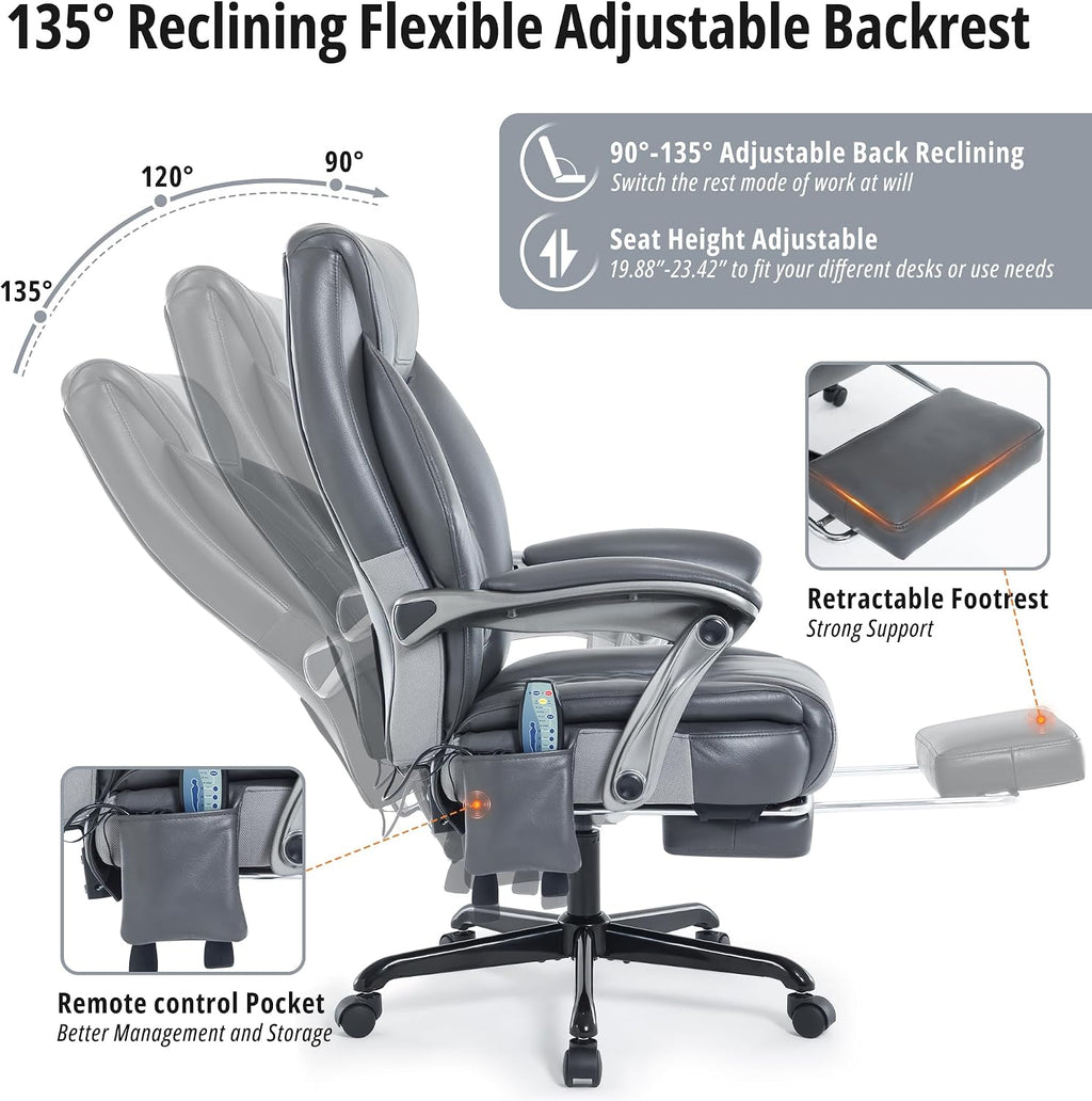 Massage Office Chair with Heat & Footrest, Ergonomic Reclining Executive Desk Chairs with 6-Point Vibration, PU Leather Computer Chair for Home Office or Gaming