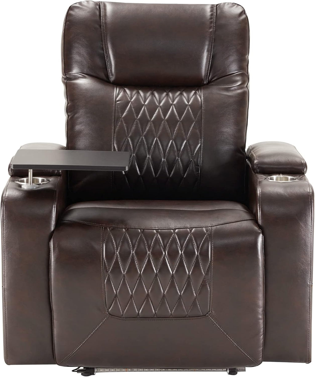 P PURLOVE Power Motion Recliner Chair for Home, PU Recliner Chair with USB Charging Port and Hidden Arm Storage 2 Convenient Cup Holders, Home Theater Seating with 360° Swivel Tray Table (Brown)