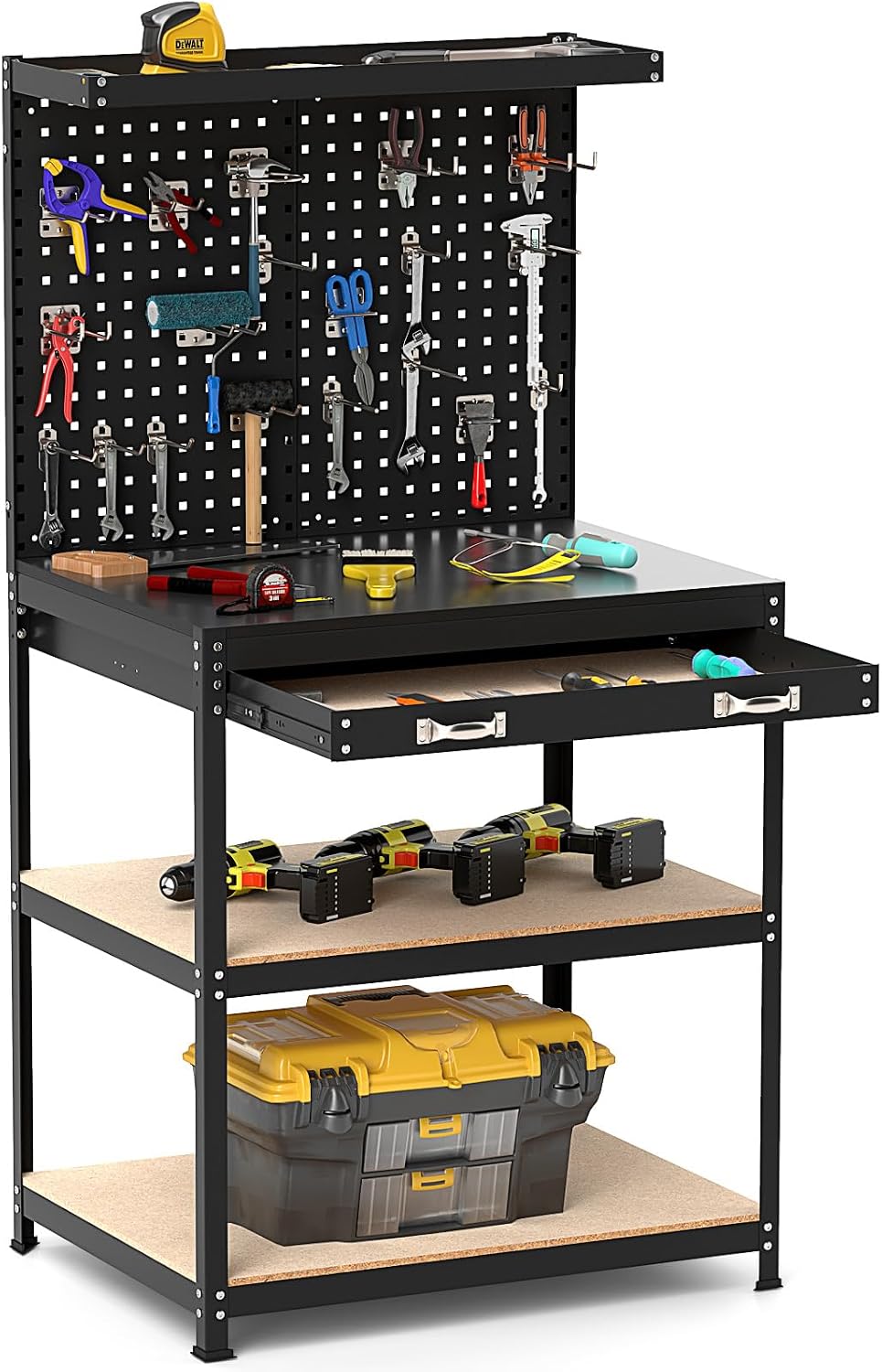 Goplus Workbench with Drawer, 32' x 16' Heavy-Duty Work Table with 2 PCS Pegboard & 4 Shelves, 19 Hanging Hooks, 495LBS Capacity, Metal Tool Storage Work Bench for Garage, Workshop, Home
