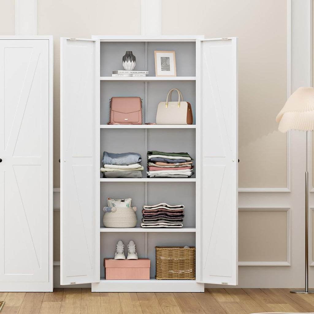 Greenvelly Metal Cabinet, 63' H White Metal Storage Cabinet with Doors and 4 Shelves, Pantry Storage Cabinet for Kitchen, Bedroom, Living Room, Office (Farmhouse)