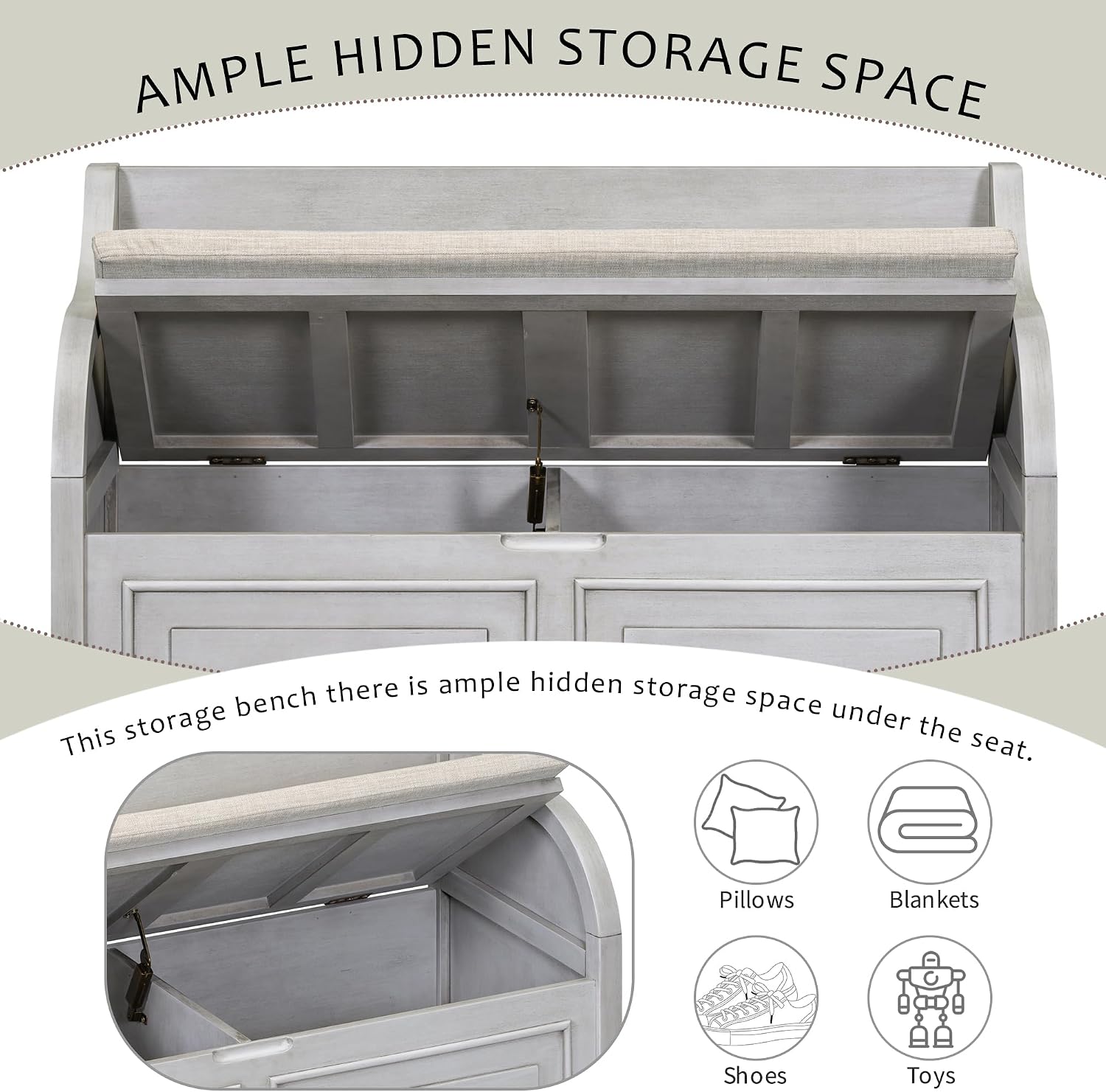 Bellemave Storage Bench with Safety Hinge Wooden Entryway Benches with Shoe Cabinets Under Seat Multifunctional Storage Bench for Entryway, Foyer or a Mudroom (Grey Wash + Beige)