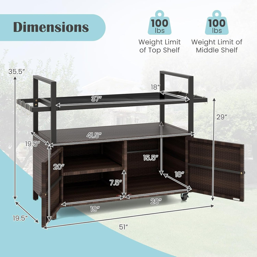 Tangkula Outdoor Bar Cart, Patiojoy Rolling Wicker Buffet Serving Cart with Tempered Glass Top, Storage Cabinet & 8 Hooks, Kitchen Island Cart on Wheels for Porch Backyard Garden Poolside (Mix Brown)