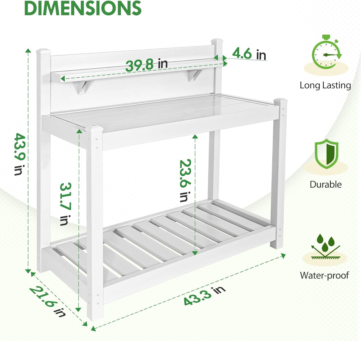 EAGLE PEAK Potting Bench, Weatherproof Vinyl Potting Table for Outdoor & Indoor Use, Easy Clean Garden Workstation with Storage Shelves, White, 40'