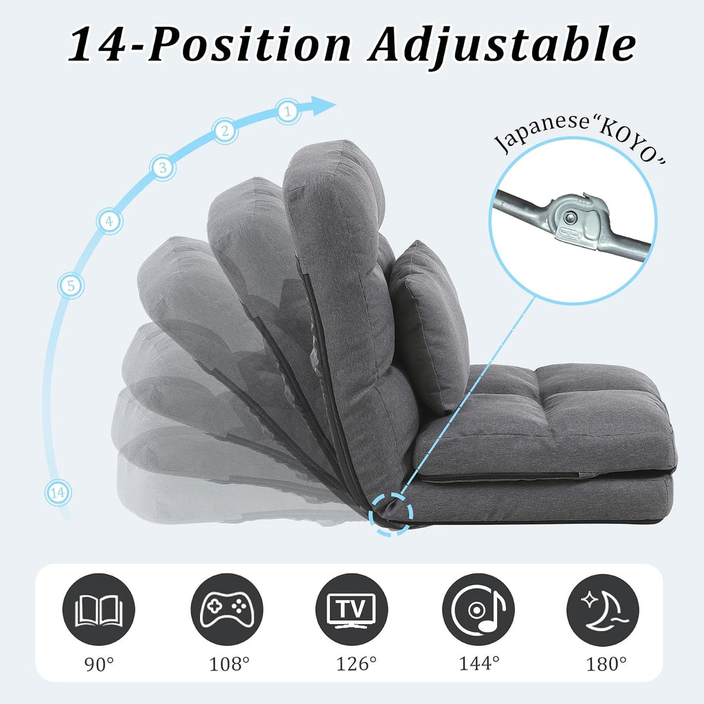 Chaise Lounge Indoor, 14-Position Floor Chair with Padded Pillow for Adults Kids, Folding Lazy Sofa Chair for Living Room, Bedroom, for Gaming Reading (Grey)