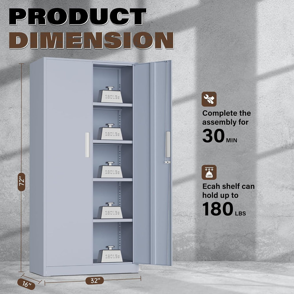 Incbruce 72' Metal Storage Cabinet, Locking Steel Storage Cabinet with 2 Doors and 4 Adjustable Shelves, Tall Lockable Tool for Garage, Home, Office (Cement Grey)