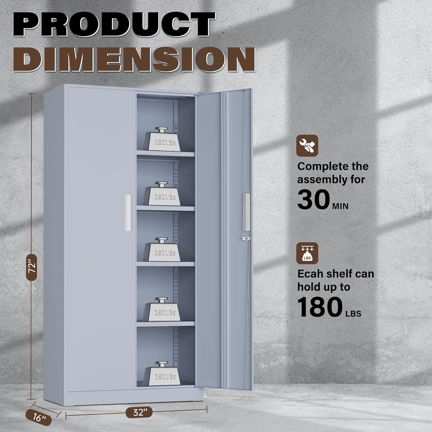 Incbruce 72' Metal Storage Cabinet, Locking Steel Storage Cabinet with 2 Doors and 4 Adjustable Shelves, Tall Lockable Tool for Garage, Home, Office (Cement Grey)